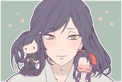  3boys black_hair bow closed_eyes dual_persona hair_bow hair_ornament hair_stick japanese_clothes jida jirou_tachi male_focus miniboy multiple_boys ponytail tarou_tachi touken_ranbu upper_body wavy_mouth yellow_eyes 