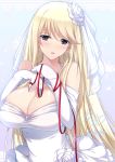  1girl bare_shoulders blonde_hair blue_eyes breasts butterfly cleavage dated dress elbow_gloves gloves happy_birthday highres huge_breasts jewelry lace minamon_(vittel221) necklace solo wedding_dress white_gloves 