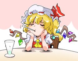  1girl ascot blush chair closed_eyes drink droplets flandre_scarlet hat mob_cap puffy_short_sleeves puffy_sleeves shinapuu short_hair short_sleeves side_ponytail sitting solo straw table touhou vest wings 