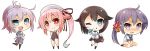  4girls :d :q ahoge akebono_(kantai_collection) aoba_(kantai_collection) bell beret black_hair black_legwear blue_eyes blush bottomless chibi commentary_request flower green_eyes hair_bell hair_flower hair_ornament harusame_(kantai_collection) hat hayasui_(kantai_collection) highres kantai_collection long_sleeves looking_at_viewer looking_back miniskirt multiple_girls one_eye_closed open_mouth pink_hair pleated_skirt ponytail purple_hair red_eyes ribbon school_swimsuit school_uniform serafuku short_hair side_ponytail simple_background skirt smile soba_(sobaya1938) swimsuit tehepero tongue tongue_out violet_eyes white_background 