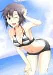  1girl armpits beach bent_over bikini black_bikini black_eyes black_hair breasts cleavage collarbone groin highres idolmaster kikuchi_makoto looking_at_viewer navel one_eye_closed open_mouth outdoors short_hair sideboob solo storm_p striped striped_bikini swimsuit wet 