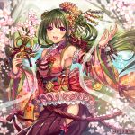  1girl :d armpits bangs beads blurry blush bracelet branch breasts cherry_blossoms cowboy_shot depth_of_field detached_sleeves double_bun floral_print flower frills green_hair hagoromo hair_beads hair_flower hair_ornament hair_ribbon hair_stick hand_up hip_vent holding japanese_clothes jewelry kaizoku_ookoku_koronbusu long_hair long_sleeves looking_at_viewer low_ponytail madogawa open_mouth outdoors petals purple_hakama ribbon rope sash see-through shawl sideboob smile solo tassel tree violet_eyes wide_sleeves 