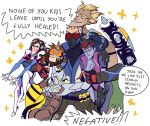  3boys 3girls blue_hair blue_skin bodysuit breasts brown_hair center_opening cleavage cyborg d.va_(overwatch) english face_mask facial_mark facial_scar fire frown gameplay_mechanics genji_(overwatch) gloves goggles goggles_on_head grey_hair grin group_hug headphones healing hug jacket jitome junkrat_(overwatch) long_hair mask multiple_boys multiple_girls overwatch ponytail rottenchicken scar short_hair smile soldier:_76_(overwatch) tan tattoo tracer_(overwatch) underbite v-neck very_short_hair visor whisker_markings widowmaker_(overwatch) 