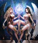 2girls angel angel_wings artist_name backlighting black_dress black_hair black_vs_white black_wings blonde_hair blue_background blue_eyes breasts brown_eyes cleavage commentary dress earrings feathered_wings hair_ornament jewelry large_breasts legs light_particles long_hair looking_at_viewer looking_to_the_side magic multiple_girls original pakoo parted_lips pose railing signature sitting sleeveless sleeveless_dress staff symmetrical_pose symmetry very_long_hair watermark wavy_hair web_address white_dress white_wings wings 