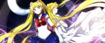  1girl 2girls aka_tonbo_(lililil) anime_coloring bishoujo_senshi_sailor_moon bishoujo_senshi_sailor_moon_crystal blonde_hair blue_eyes blue_skirt bow brooch choker closed_eyes double_bun dress dual_persona elbow_gloves floating_hair gloves hair_ornament hairclip jewelry long_hair multiple_girls official_style princess_serenity red_bow sailor_moon skirt tsukino_usagi twintails very_long_hair white_dress white_gloves 