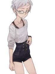  1girl collarbone flat_chest glasses grey_eyes kyokugen_dasshutsu phi_(kyokugen_dasshutsu) season_(artist) short_hair short_shorts shorts silver_hair sketch 