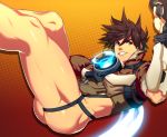  1boy bottomless brown_hair genderswap genderswap_(ftm) gloves glowing goggles goggles_removed grin holding holding_weapon looking_at_viewer lvlv male_focus overwatch short_hair smile solo spiky_hair tracer_(overwatch) weapon yellow_eyes 