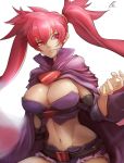  1girl arcana_heart arcana_heart_3 belt breasts cape cleavage commentary_request cowboy_shot detached_sleeves groin highres large_breasts long_hair looking_at_viewer midriff navel red_eyes redhead scharlachrot short_shorts shorts smile solo sowel_(sk3) twintails two_side_up uneven_eyes white_background 