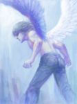  1boy angel_wings bent_over denim from_behind highres jeans male_focus nishi original pants shirtless silver_hair solo wings 