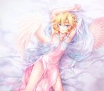  1girl angel angel_wings armpits arms_up artist_request bare_legs blonde_hair blue_eyes closed_mouth cowboy_shot dress from_above highres looking_at_viewer lying on_back original pink_dress pink_wings red_lips see-through short_hair sleeveless sleeveless_dress small_breasts solo star thigh_strap wings 