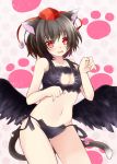  1girl animal_ears bandeau bare_arms bare_shoulders bird_wings black_bra black_hair black_panties black_wings bra breasts cat_cutout cat_ear_panties cat_ears cat_lingerie cat_tail cleavage cleavage_cutout collarbone cowboy_shot frilled_bra frills hat hat_ribbon kemonomimi_mode midriff navel open_mouth panties paw_pose paw_print red_eyes ribbon shameimaru_aya side-tie_panties smile solo tail thighs tokin_hat touhou underwear underwear_only wings yozuki_shokora 