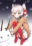  1girl amatsukaze_(kantai_collection) blush brown_dress dress earmuffs garter_straps hair_tubes highres kantai_collection long_hair looking_at_viewer red_legwear red_scarf rensouhou-kun scarf shima_(shima_je) silver_hair smile snowflakes snowman solo squatting striped striped_legwear thigh-highs two_side_up windsock 