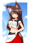  1girl animal_ears between_breasts blush breasts brooch brown_hair collarbone crop_top crop_top_overhang fang groin highres imaizumi_kagerou jewelry katsumi5o large_breasts long_hair midriff navel open_mouth red_eyes red_skirt skirt solo sweat sweatdrop tail touhou wolf_ears wolf_tail 