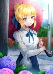  1girl ahoge artoria_pendragon_(all) bag bangs blonde_hair blue_eyes blue_skirt blush braid breasts bush eyebrows eyebrows_visible_through_hair eyelashes fate/stay_night fate_(series) flower hair_between_eyes hair_bun hair_ribbon holding holding_umbrella hydrangea long_hair long_sleeves looking_at_viewer neck_ribbon oriental_umbrella outdoors parted_lips pink_flower plastic_bag pole puddle purple_flower rain ribbon saber see-through shirt sidelocks skirt sky snail solo spring_onion umbrella upper_body uzura_(moimoi) wet wet_clothes wet_shirt white_shirt 