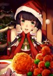  1girl :d absurdres anchor_choker bangs bare_shoulders black_hair blurry blush bow chair christmas christmas_tree detached_sleeves eyebrows_visible_through_hair food food_request fur_trim green_bow green_eyes hair_ornament hands_on_own_cheeks hands_on_own_face hat head_rest highres holding indoors kantai_collection kirieroido_iii long_hair looking_at_viewer mizuho_(kantai_collection) open_mouth out_of_frame plaid plaid_bow plate pom_pom_(clothes) pov pov_hands red_hat red_ribbon restaurant ribbon santa_costume santa_hat smile solo_focus soup star tongue upper_body very_long_hair wall 