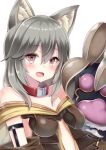  1girl animal_ears bare_shoulders blush breasts choker claw_(weapon) claws fang granblue_fantasy grey_hair hair_between_eyes looking_at_viewer open_mouth pink_eyes sen_(granblue_fantasy) simple_background solo weapon white_background yuzu-aki 