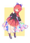  1girl absurdres boots cape checkered emico floral_print full_body hair_ribbon highres long_sleeves looking_at_viewer red_eyes redhead ribbon sekibanki shirt short_hair simple_background skirt solo touhou yellow_background 