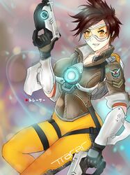  1girl bodysuit bomber_jacket brown_eyes brown_hair gloves goggles gun handgun jacket keikyu_(tiltedcube) looking_at_viewer open_mouth overwatch short_hair smile solo spiky_hair thighs tracer_(overwatch) weapon 