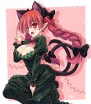  1girl animal_ears bangs black_ribbon braid breasts cat_ears cat_tail cleavage dress fang green_dress hair_ribbon juliet_sleeves kaenbyou_rin large_breasts long_hair long_sleeves multiple_tails open_mouth paw_pose paw_print pointy_ears puffy_sleeves red_eyes red_ribbon redhead ribbon smile solo tail touhou tress_ribbon twin_braids two_tails yamu_(reverse_noise) 