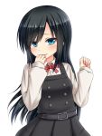  1girl alternate_costume asashio_(kantai_collection) belt black_hair blouse blue_eyes buttons commentary_request cosplay eyebrows hanazome_dotera hand_on_own_chin jumper kantai_collection kasumi_(kantai_collection) kasumi_(kantai_collection)_(cosplay) kerchief long_hair red_ribbon remodel_(kantai_collection) ribbon school_uniform serafuku simple_background small_breasts solo upper_body white_background white_blouse 