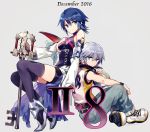  1boy 1girl aqua_(kingdom_hearts) blue_hair esto_(20motoko) keyblade kingdom_hearts looking_at_viewer riku short_hair silver_hair sitting square_enix weapon 