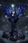  1girl blue_eyes blue_hair brianna_garcia dark_persona dress horn lipstick long_hair luna_(my_little_pony) makeup my_little_pony my_little_pony_friendship_is_magic night personification rain solo wings 