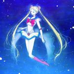  1girl bishoujo_senshi_sailor_moon blonde_hair blue_background boots bow brooch choker double_bun elbow_gloves floating full_body gloves hair_ornament hairclip high_heel_boots high_heels highres jewelry knee_boots long_hair pale_skin red_boots red_bow sailor_moon seya_(1775) skirt solo super_sailor_moon tsukino_usagi twintails very_long_hair white_gloves 
