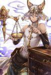  1boy :3 animal_ears bag balance_scale balancing bangs blue_eyes chain closed_mouth cowboy_shot detached_sleeves eyebrows eyebrows_visible_through_hair granblue_fantasy hair_between_eyes halterneck highres jewelry leaning_to_the_side looking_at_viewer male_focus pointing simple_background sleeveless smoke solo tenyo0819 turtleneck veil weighing_scale white_background white_hair xiao_(granblue_fantasy) 