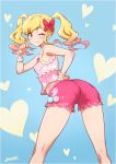  1girl ;) aikatsu! aikatsu_stars! artist_name ass bare_shoulders bent_over blonde_hair blush bow commentary_request hair_bow hand_on_hip heart heart_background joy_ride kneepits looking_at_viewer nijino_yume one_eye_closed orange_eyes pantylines red_bow sidelocks sleeveless smile solo twintails wrist_cuffs 