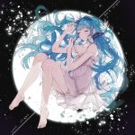  1girl barefoot blue_eyes blush closed_eyes dress hatsune_miku highres last_night_good_night_(vocaloid) long_hair moon off_shoulder sleeping solo twintails utut very_long_hair vocaloid 