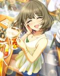  1girl ^_^ alcohol artist_request blue_skirt bracelet breasts brown_hair checkered cleavage closed_eyes food fork happy idolmaster idolmaster_cinderella_girls jewelry lens_flare menu mole mole_under_eye necklace official_art oyster short_hair skirt smile solo_focus sparkle spork takagaki_kaede 