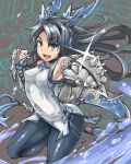  1girl armor bare_shoulders black_hair blue_eyes blue_legwear breasts china_dress chinese_clothes covered_navel dragon_girl dragon_horns dragon_tail dress gauntlets gloves hair_ornament head_fins horns karin_(p&amp;d) long_hair open_mouth p_(tidoriashi) pantyhose puzzle_&amp;_dragons smile solo sparkle spikes tail water 