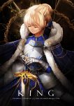  1girl armor armored_dress blonde_hair cape commentary creamsea excalibur fate/stay_night fate_(series) fur_trim gauntlets hair_ribbon jewelry ribbon saber solo sword watermark weapon web_address 
