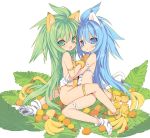  2girls :o alternate_color animal_ears banana berries blade_(galaxist) blue_eyes blue_hair cat_ears cat_tail cham_cham food fruit gloves green_eyes green_hair hug looking_at_viewer multiple_girls open_mouth paw_shoes samurai_spirits shoes simple_background tail white_background 