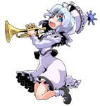  1girl :d ahoge blue_eyes blue_hair blush bobby_socks hat instrument juliet_sleeves jumping long_hair long_sleeves looking_at_viewer mary_janes merlin_prismriver open_mouth playing_instrument puffy_sleeves shinapuu shoes silver_hair skirt skirt_set smile socks solo touhou trumpet vest 