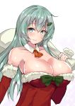  1girl alternate_costume breasts christmas_ornaments christmas_tree_hair_ornament cleavage collarbone detached_collar dress elbow_gloves eyebrows_visible_through_hair gloves green_eyes green_hair hair_ornament hairclip highres huge_breasts kantai_collection long_hair looking_at_viewer red_dress red_gloves sack sankakusui_(deltawhite) santa_costume simple_background smile solo suzuya_(kantai_collection) white_background 