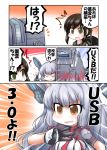  2girls bangs black_hair blunt_bangs commentary_request dress eyebrows eyebrows_visible_through_hair fubuki_(kantai_collection) gloves green_eyes hair_ribbon headgear kantai_collection long_hair multiple_girls murakumo_(kantai_collection) open_mouth orange_eyes ouno_(nounai_disintegration) ribbon sailor_dress school_uniform serafuku silver_hair translated tress_ribbon usb 