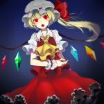  1girl ascot blonde_hair blue_background blurry crystal dutch_angle fangs flandre_scarlet frilled_skirt frills gradient gradient_background hat hat_ribbon highres kare_(arupusu888) looking_at_viewer mob_cap nail_polish open_mouth puffy_sleeves red_eyes ribbon shirt short_sleeves side_ponytail skirt skirt_set solo touhou vest wings wrist_cuffs 