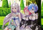  3girls :d absurdres apron bangs bare_shoulders black_ribbon blue_eyes blue_hair blue_ribbon blunt_bangs blush bow breasts chair cleavage cleavage_cutout closed_mouth cup detached_sleeves elf emerald emilia_(re:zero) flower frills gem hair_brush hair_brushing hair_over_one_eye hair_ribbon hairband hands_together highres holding holding_hair holding_hands indoors legs_together light_smile long_hair long_sleeves looking_at_viewer maid multiple_girls official_art open_mouth pointy_ears ram_(re:zero) re:zero_kara_hajimeru_isekai_seikatsu rem_(re:zero) ribbon scan siblings sisters sitting sleeping sleeping_on_person smile tanaka_kazuma twins 