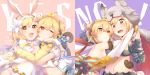  ! 2girls :d ;3 absurdres ahoge anchira_(granblue_fantasy) animal_ears arms_around_neck asymmetrical_docking bangs bare_shoulders berserker_(granblue_fantasy) bikini_top blonde_hair blue_ribbon blush bow breast_press breasts brown_eyes cape closed_mouth detached_sleeves djeeta_(granblue_fantasy) ear_clip english eyebrows eyebrows_visible_through_hair fake_animal_ears fang flower fur_trim gauntlets granblue_fantasy hair_between_eyes hair_flower hair_ornament hairband head_to_head heart highres hug kaenuco leotard looking_at_another looking_at_viewer monkey_ears monkey_tail multiple_girls multiple_views open_mouth orange_eyes outstretched_arm pom_pom_(clothes) puffy_sleeves purple_background rabbit_ears red_background red_eyes ribbon sage_(granblue_fantasy) sash short_hair sideboob small_breasts smile stomach strapless striped striped_bow sweat tail tail_wrap upper_body v wolf_pelt wrist_cuffs yue_(chinese_wife_diary) 
