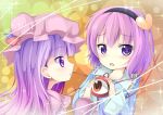  2girls blouse blush crescent crescent_hair_ornament double_bun gradient gradient_background hair_ornament hairband hat heart i-da komeiji_satori light_trail long_hair long_sleeves looking_at_another looking_at_viewer mob_cap multiple_girls patchouli_knowledge pink_hair purple_hair robe short_hair sparkle tareme third_eye touhou upper_body violet_eyes yuri 