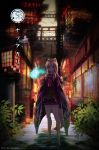 1girl 2016 animal_ears backlighting blurry chromatic_aberration city copyright_name dark fox_ears fox_tail full_body highres inabi lens_flare light_brown_hair looking_at_viewer night original outdoors plant purple_skirt road sandals skirt solo standing street tail violet_eyes zouri 