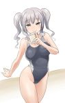  1girl cellphone competition_swimsuit grey_eyes kantai_collection kashima_(kantai_collection) long_hair one-piece_swimsuit phone silver_hair solo swimsuit tamu_(mad_works) twintails 