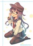  1girl :d adjusting_glasses akatsuki_(kantai_collection) anchor_symbol artist_name bespectacled between_legs black-framed_glasses black_legwear commentary_request flat_cap glasses hand_between_legs hand_on_glasses hat kantai_collection long_hair looking_at_viewer neckerchief no_shoes open_mouth pantyhose pleated_skirt purple_hair school_uniform semi-rimless_glasses serafuku sitting skirt smile solo suzuho_hotaru twitter_username violet_eyes wariza 