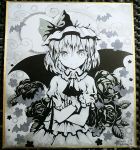  1girl arm_ribbon ascot bat bat_wings calligraphy_pen_(medium) clouds cowboy_shot crossed_arms dated dress flower full_moon hat hat_ribbon looking_at_viewer marker_(medium) mob_cap monochrome moon mosho night remilia_scarlet ribbon rose signature smile solo touhou traditional_media wings wrist_cuffs 