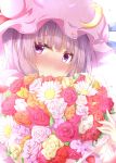  1girl blue_ribbon blush bouquet crescent crescent_hair_ornament flower hair_ornament hat hat_ribbon long_hair looking_at_viewer mob_cap nose_blush patchouli_knowledge pink_rose purple_hair ram_hachimin red_ribbon ribbon rose simple_background solo touhou upper_body violet_eyes wavy_mouth white_rose yellow_rose 