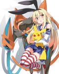  1girl animal animal_ears blonde_hair boots closed_eyes commentary_request deoxys elbow_gloves gloves high_heel_boots high_heels highres holding holding_animal kantai_collection long_hair long_tail looking_to_the_side mtu_(orewamuzituda) open_mouth pikachu pleated_skirt pokemon pokemon_(creature) rabbit_ears sailor_collar sailor_shirt shimakaze_(kantai_collection) shirt skirt sleeveless sleeveless_shirt smile striped striped_legwear tentacles thigh-highs yellow_eyes 