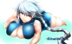  1girl alternate_costume ass asymmetrical_hair bare_shoulders braid breast_press breasts center_opening cleavage commentary_request expressionless kantai_collection kojima_takuro large_breasts long_hair looking_at_viewer lying on_stomach one-piece_swimsuit silver_hair single_braid sleeveless solo swimsuit twitter_username unryuu_(kantai_collection) unzipped very_long_hair wavy_hair yellow_eyes 
