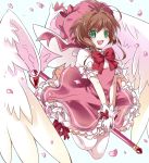  1girl :d bow brown_hair cardcaptor_sakura dress full_body fuuin_no_tsue gloves green_eyes hat kinomoto_sakura magical_girl open_mouth petals smile solo takoyaki_kenken white_gloves white_legwear wings 