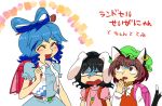  3girls ^_^ animal_ears backpack bag black_hair blue_hair blush brown_eyes brown_hair carrot_necklace cat_ears cat_tail chen closed_eyes fang furukawa_(yomawari) green_hat hand_to_own_mouth hat inaba_tewi jewelry kaku_seiga multiple_girls multiple_tails nail_polish open_mouth rabbit_ears randoseru red_eyes red_nails single_earring tail touhou translation_request two_tails 